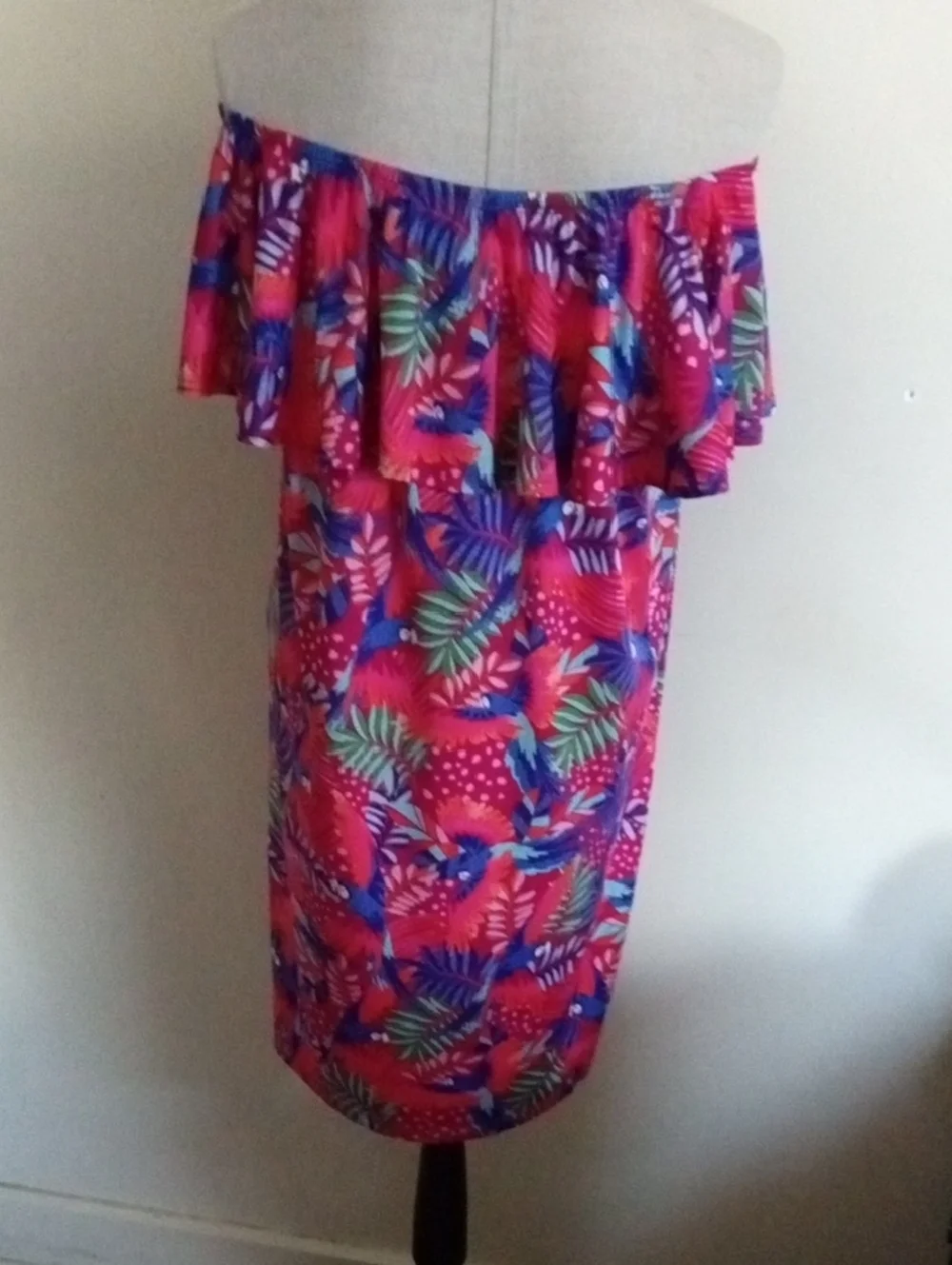 Tropical Off-Shoulder Ruffle Dress - Bright Pink Multi - Picture 5 of 11